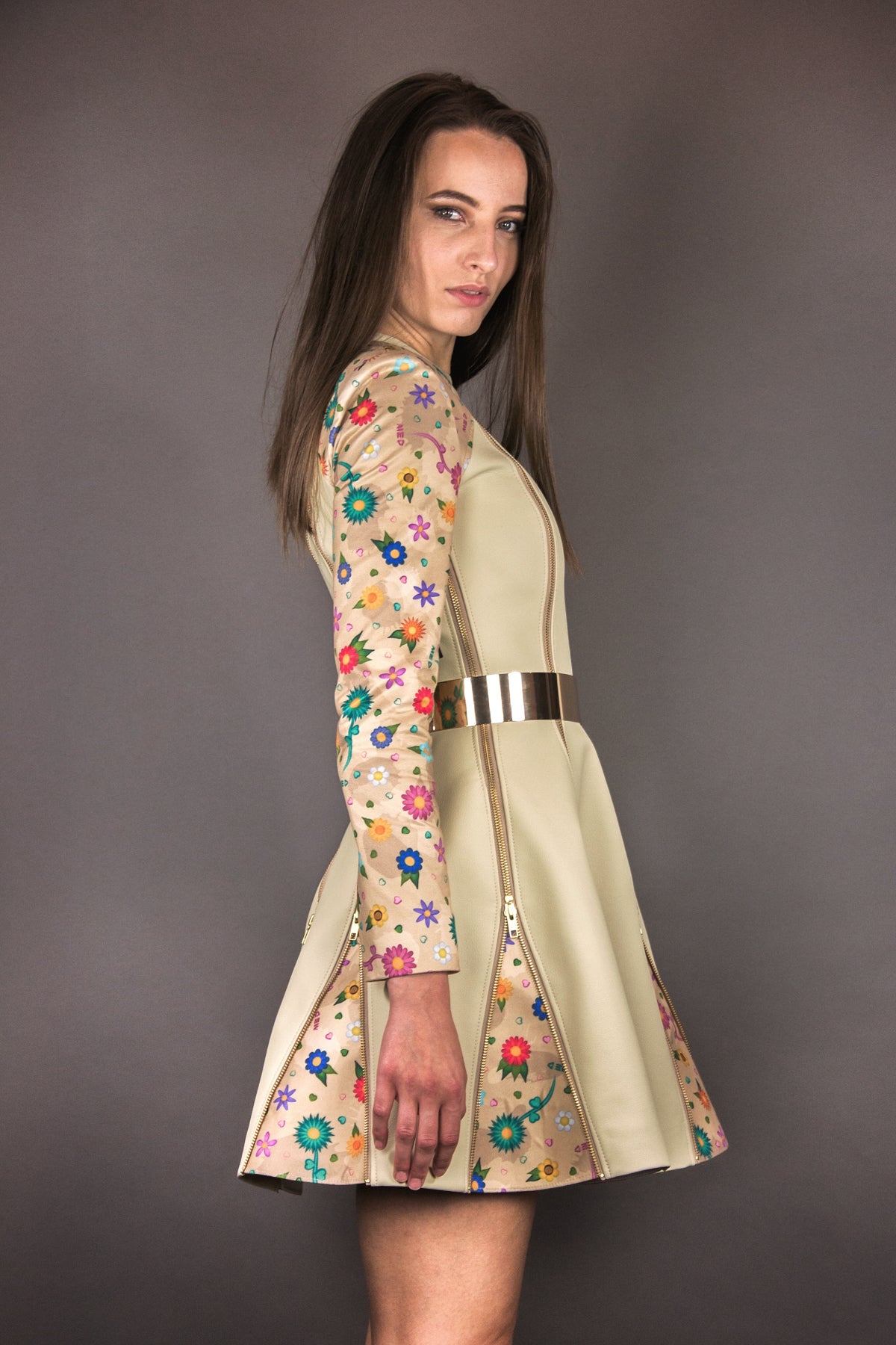 Biker Dress "FLOWERS" - beige - Manuel Essl Design