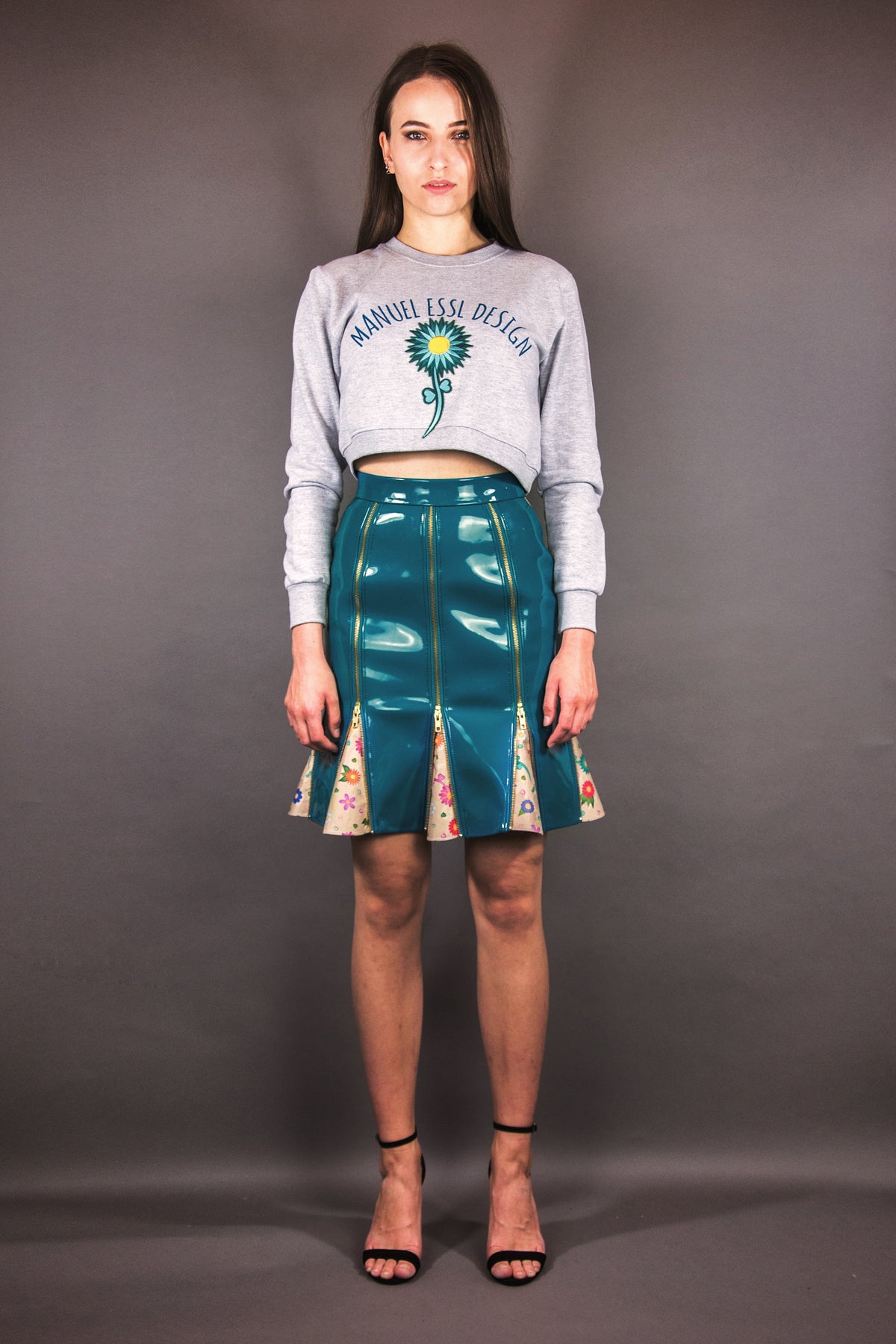 Pencil Skirt with Zippers & Godets "FLOWERS" - petrol - Manuel Essl Design