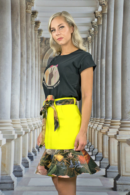 Pencil Peplum Skirt with Bowknot "FLORAL" - neon - Manuel Essl Design