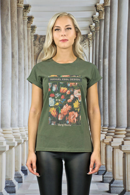 T-Shirt "SEA OF FLOWERS" - olive - Manuel Essl Design